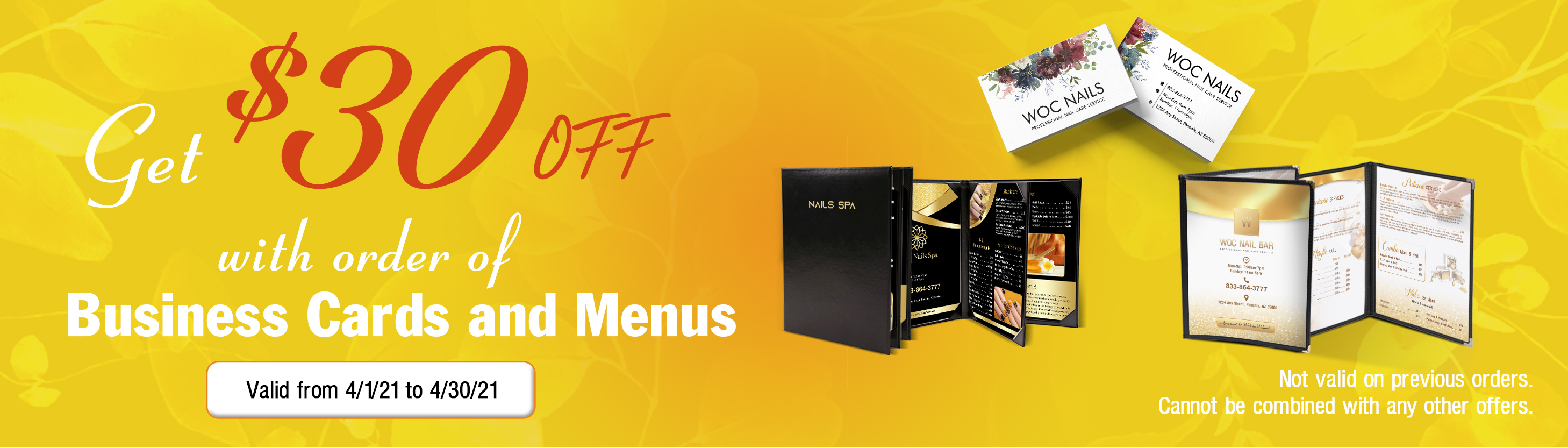Get $30 off with of order Business Cards and Menus