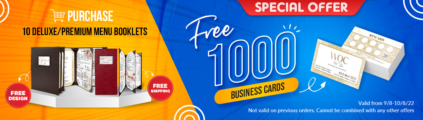 Purchase 10 Deluxe/Premium Menu Booklets - Free 1000 Business Cards